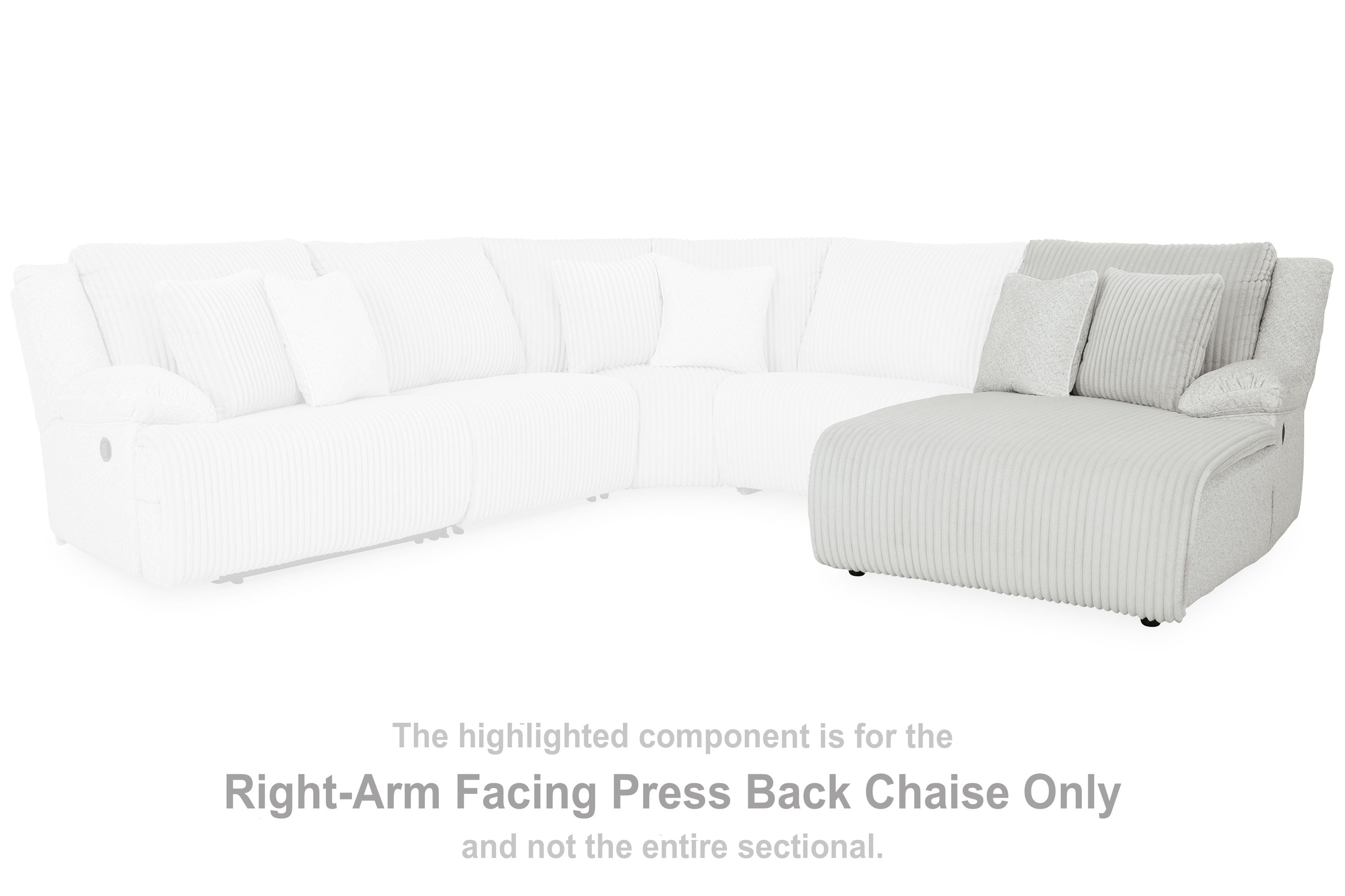 Light gray striped chaise lounge with low seat and cushioned back rest on sofa section