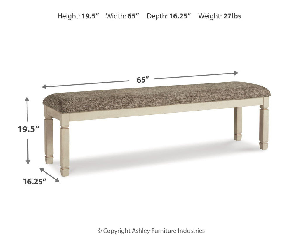 Upholstered bench with brown fabric seat; 65 in wide, 19.5 in high, 16.25 in deep
