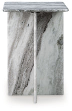 Square accent table with gray marble-look surfaces and compact tapered pedestal base