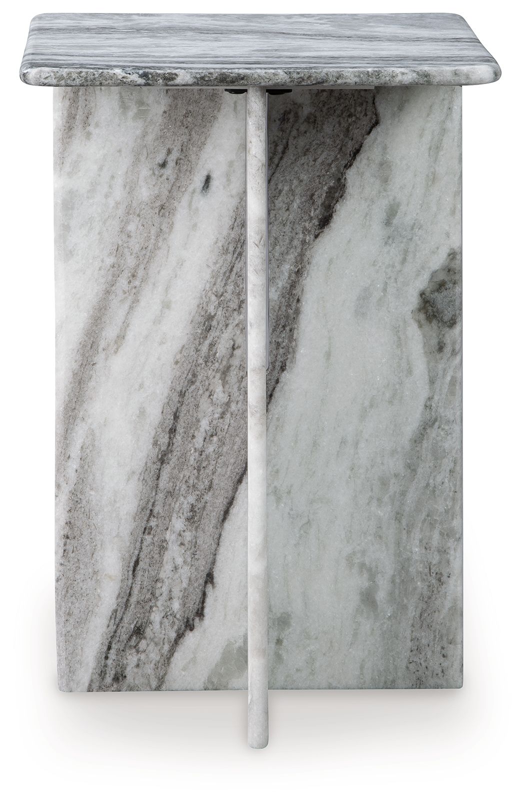 Square accent table with gray marble-look surfaces and compact tapered pedestal base