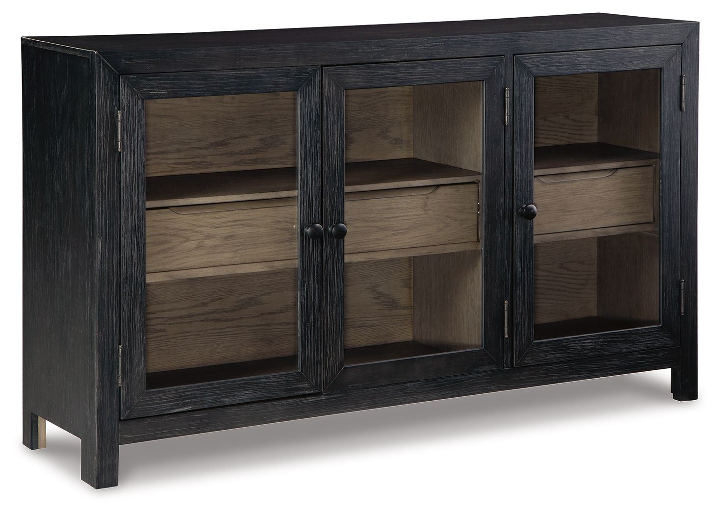 Dark gray accent cabinet with two door panels open, showing stacked interior shelves