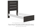 Twin panel headboard and footboard in dark gray wood, with horizontal slat panels