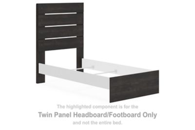 Twin panel headboard and footboard in dark gray wood, with horizontal slat panels