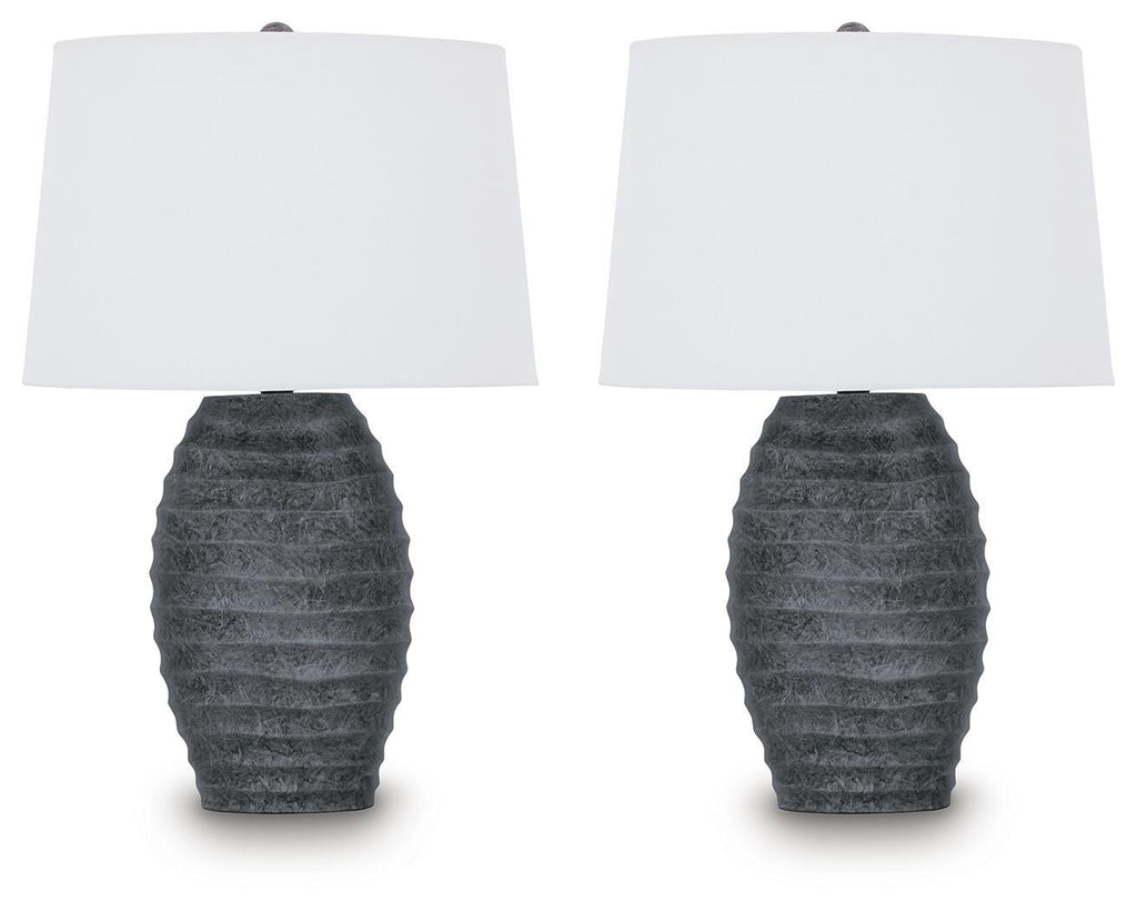 Set of two table lamps with white fabric shades and dark gray ridged bases