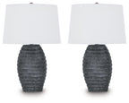 Set of two table lamps with white fabric shades and dark gray ridged bases