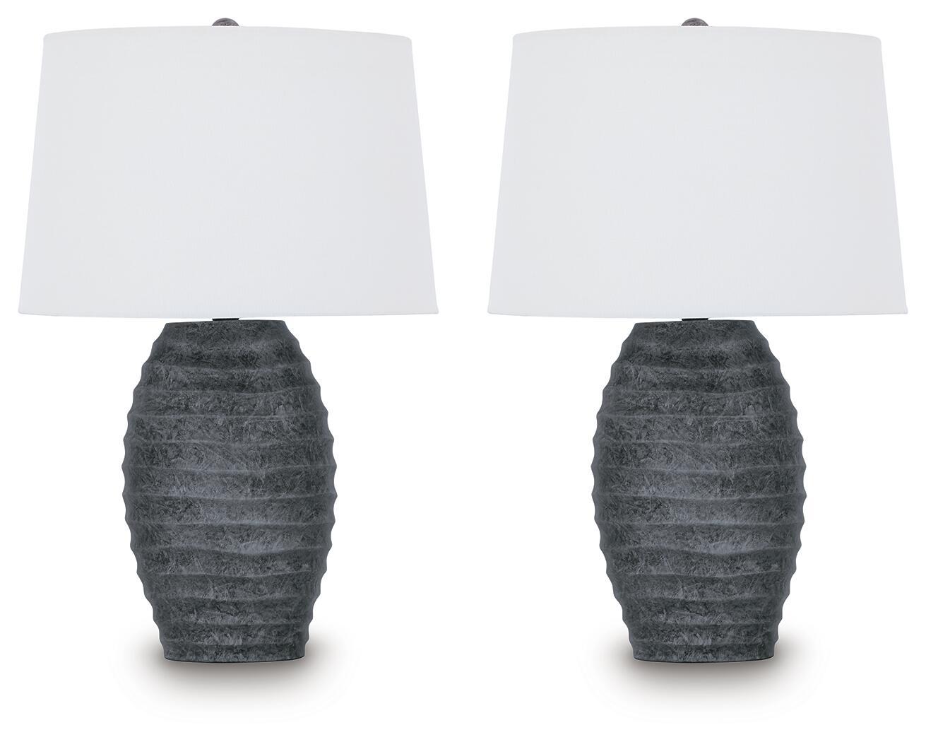 Set of two table lamps with white fabric shades and dark gray ridged bases
