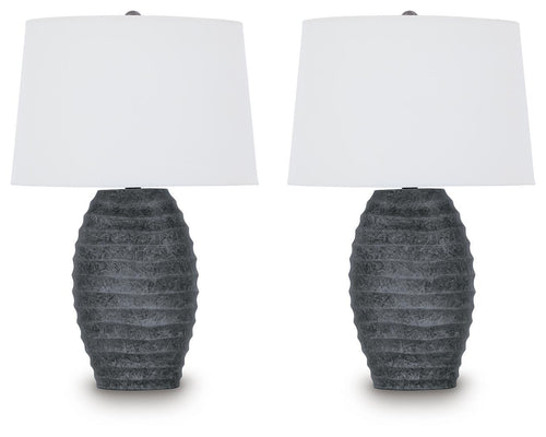 Set of two table lamps with white fabric shades and dark gray ridged bases