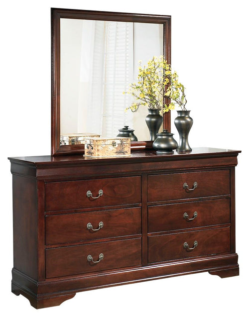 Dark brown dresser with framed mirror, six drawers, and curved metal pulls