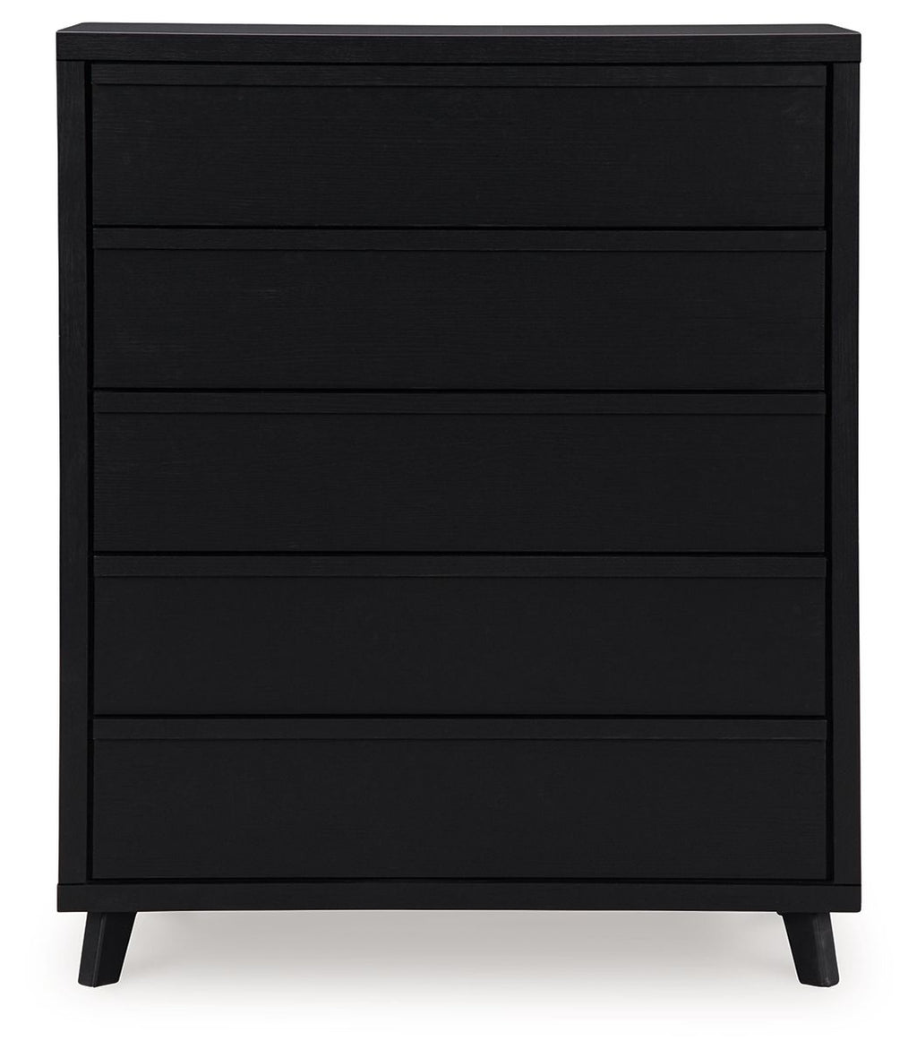 Black five-drawer wide chest with smooth drawer fronts and tapered legs