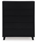 Black five-drawer wide chest with smooth drawer fronts and tapered legs