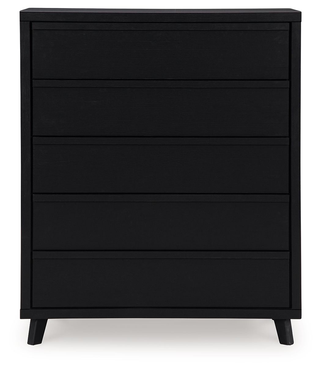 Black five-drawer wide chest with smooth drawer fronts and tapered legs