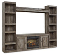 Gray entertainment center with open shelves, side cabinets, and faux fireplace TV insert