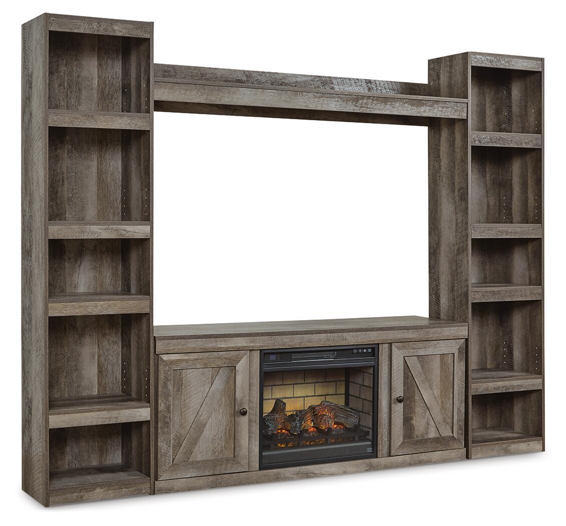 Gray entertainment center with open shelves, side cabinets, and faux fireplace TV insert
