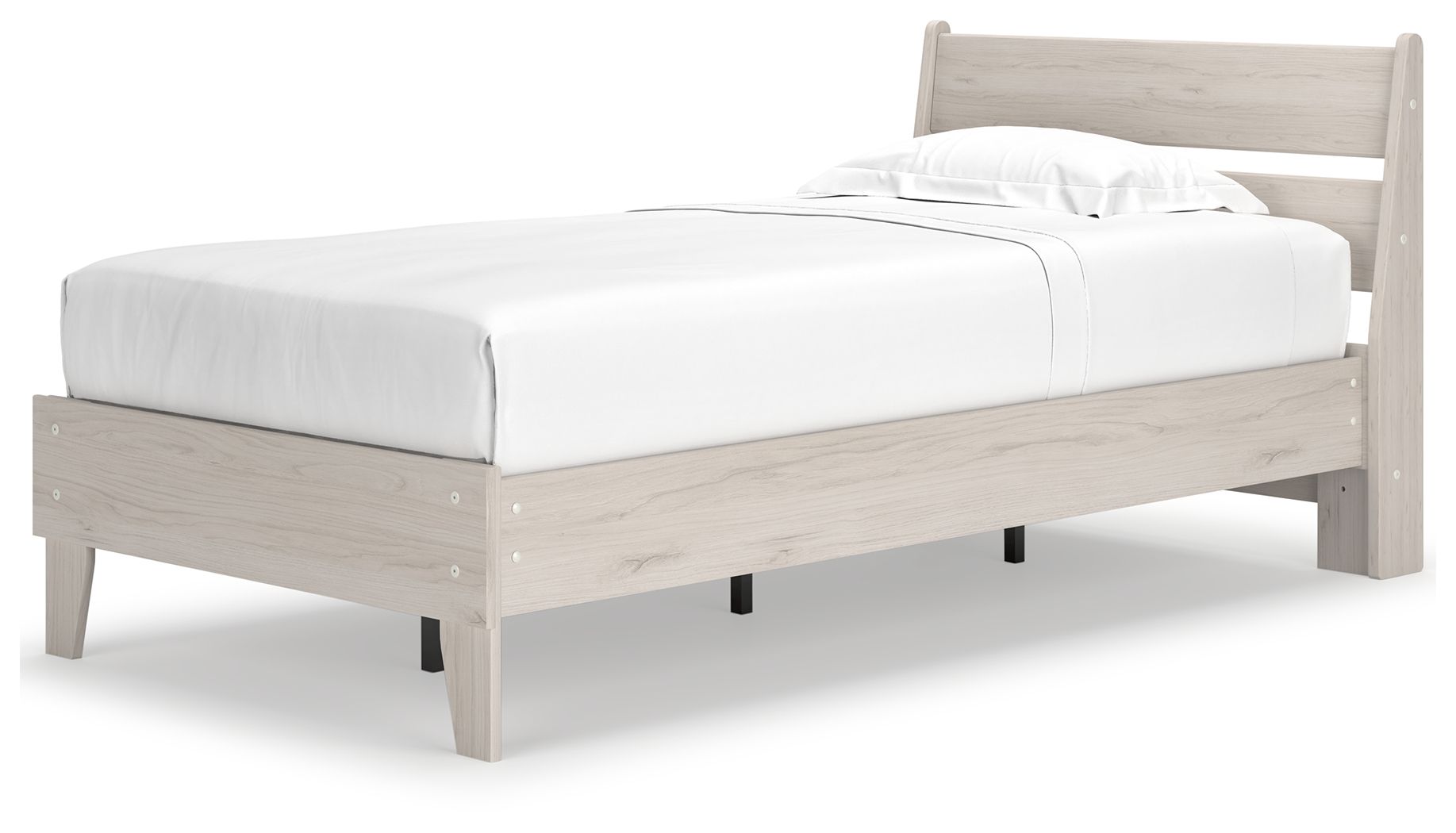 Beige panel platform bed with white mattress and pillows