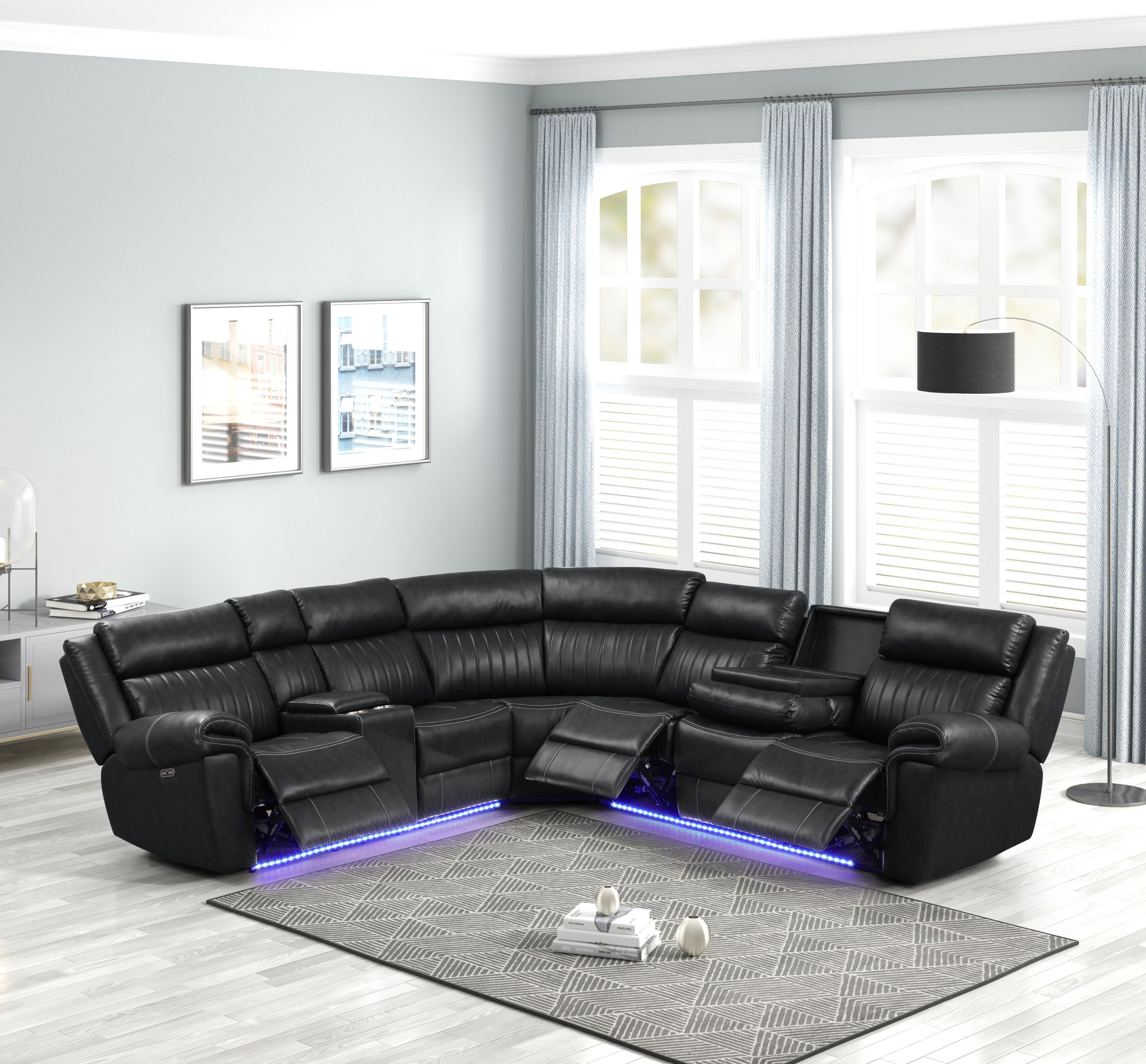 Modern Black Wood Recliner Sectional Sofa