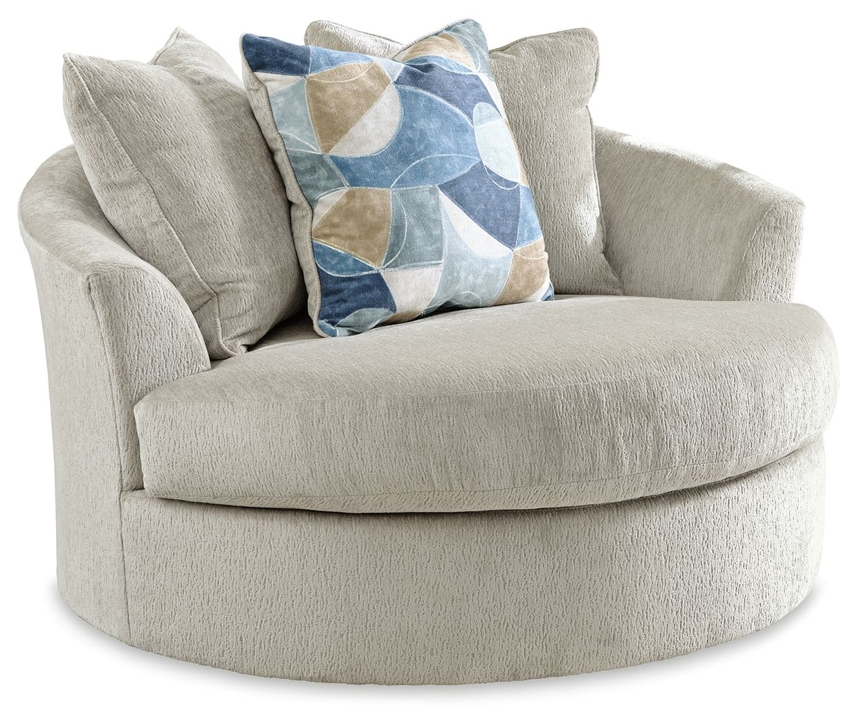 Beige oversized swivel accent chair with rounded arms and cushioned seat