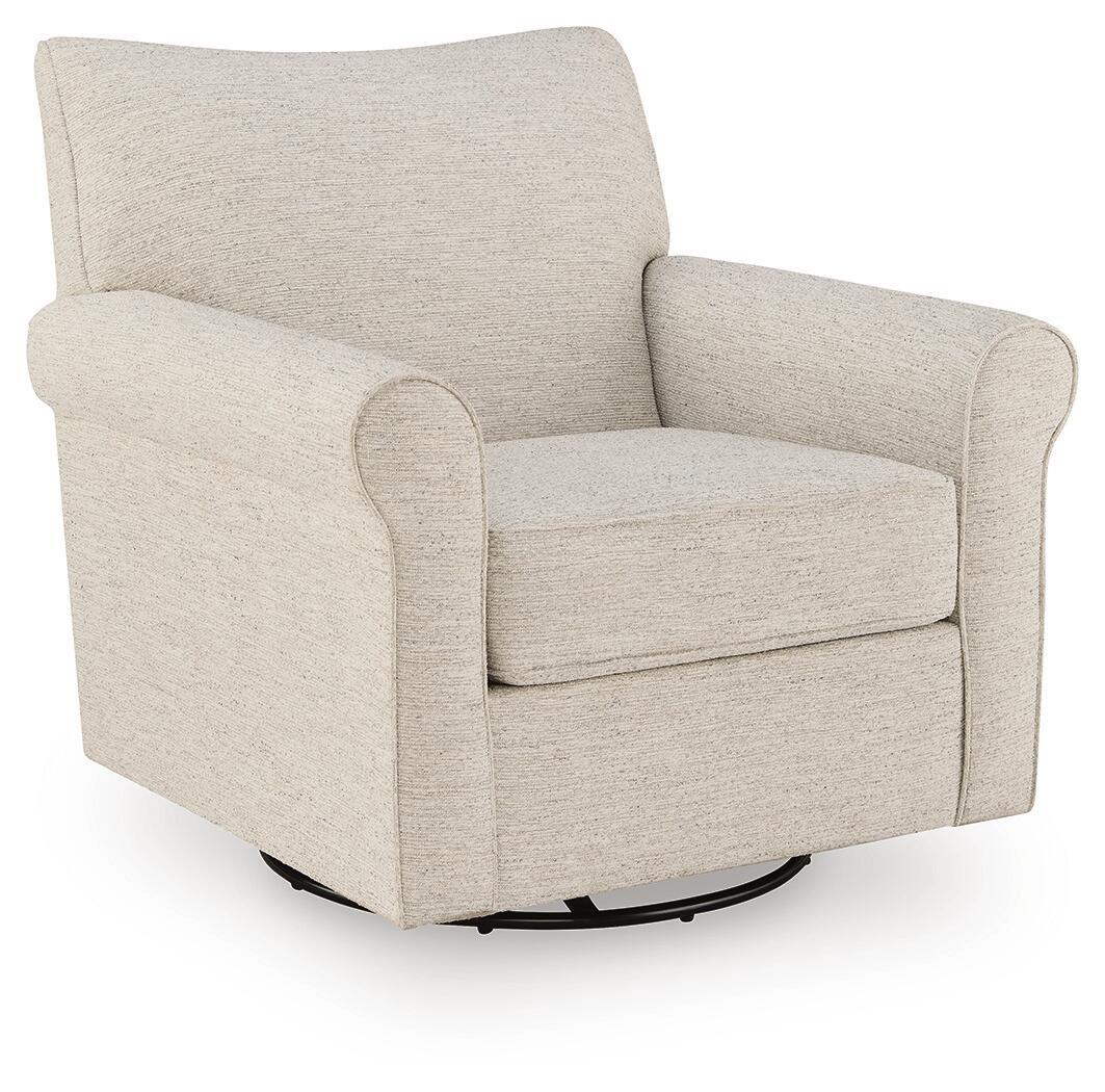 Swivel accent chair in beige fabric with wide arms, box seat cushion, and rounded back