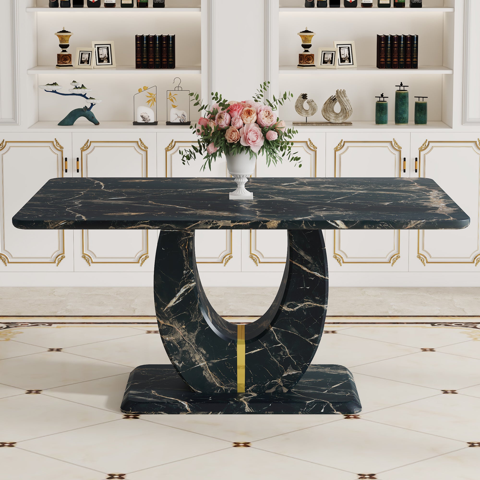 Modern Black Marble Dining Table (63x37) with Gold Legs