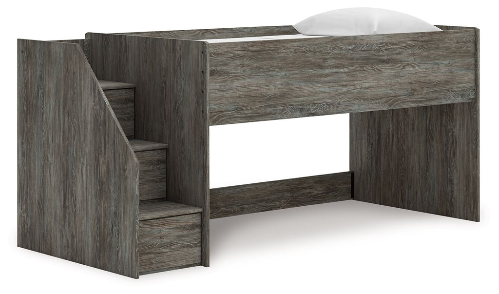 Gray loft bed with side storage steps and open under-bed space