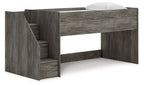 Gray loft bed with side storage steps and open under-bed space