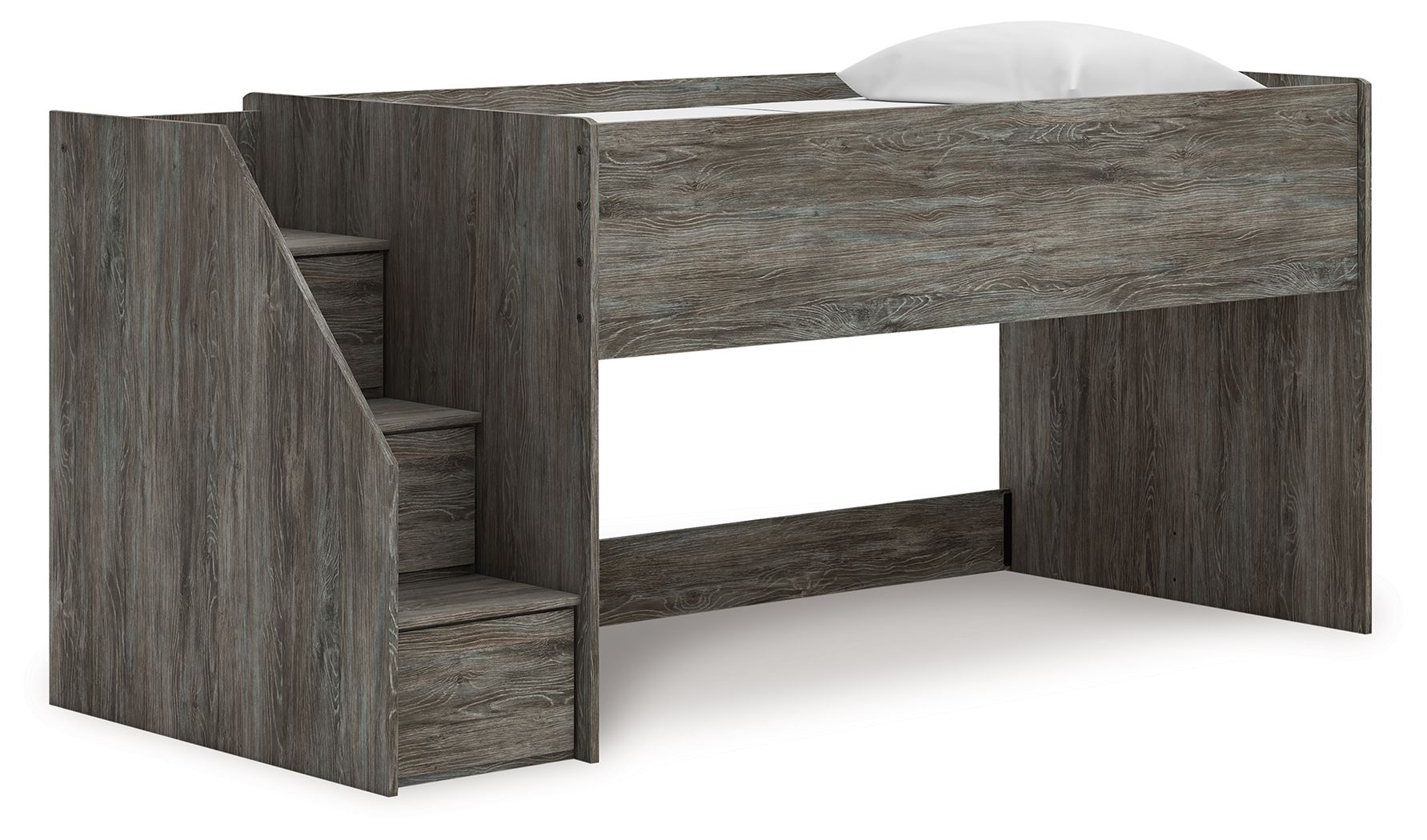 Gray loft bed with side storage steps and open under-bed space