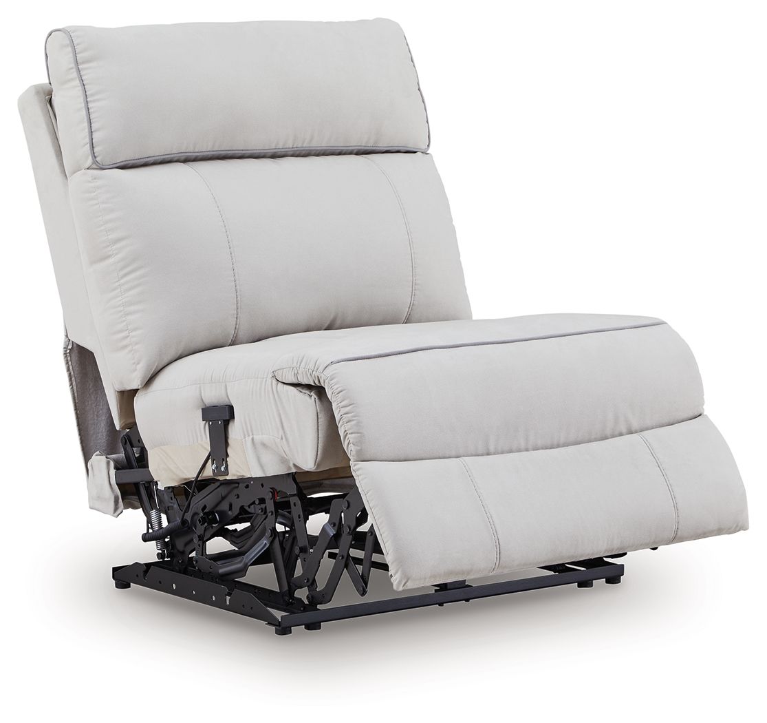 Power armless recliner with adjustable headrest and exposed recline mechanism