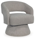 Pebble gray swivel accent chair with rounded arms and cushioned barrel back