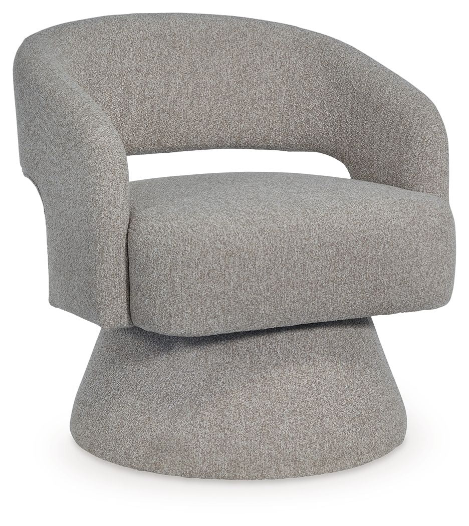 Pebble gray swivel accent chair with rounded arms and cushioned barrel back