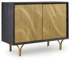 Accent cabinet with two gold fluted doors, dark body, and gold-toned legs
