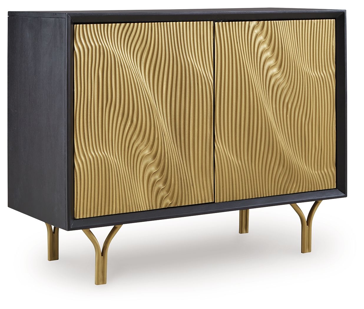 Accent cabinet with two gold fluted doors, dark body, and gold-toned legs