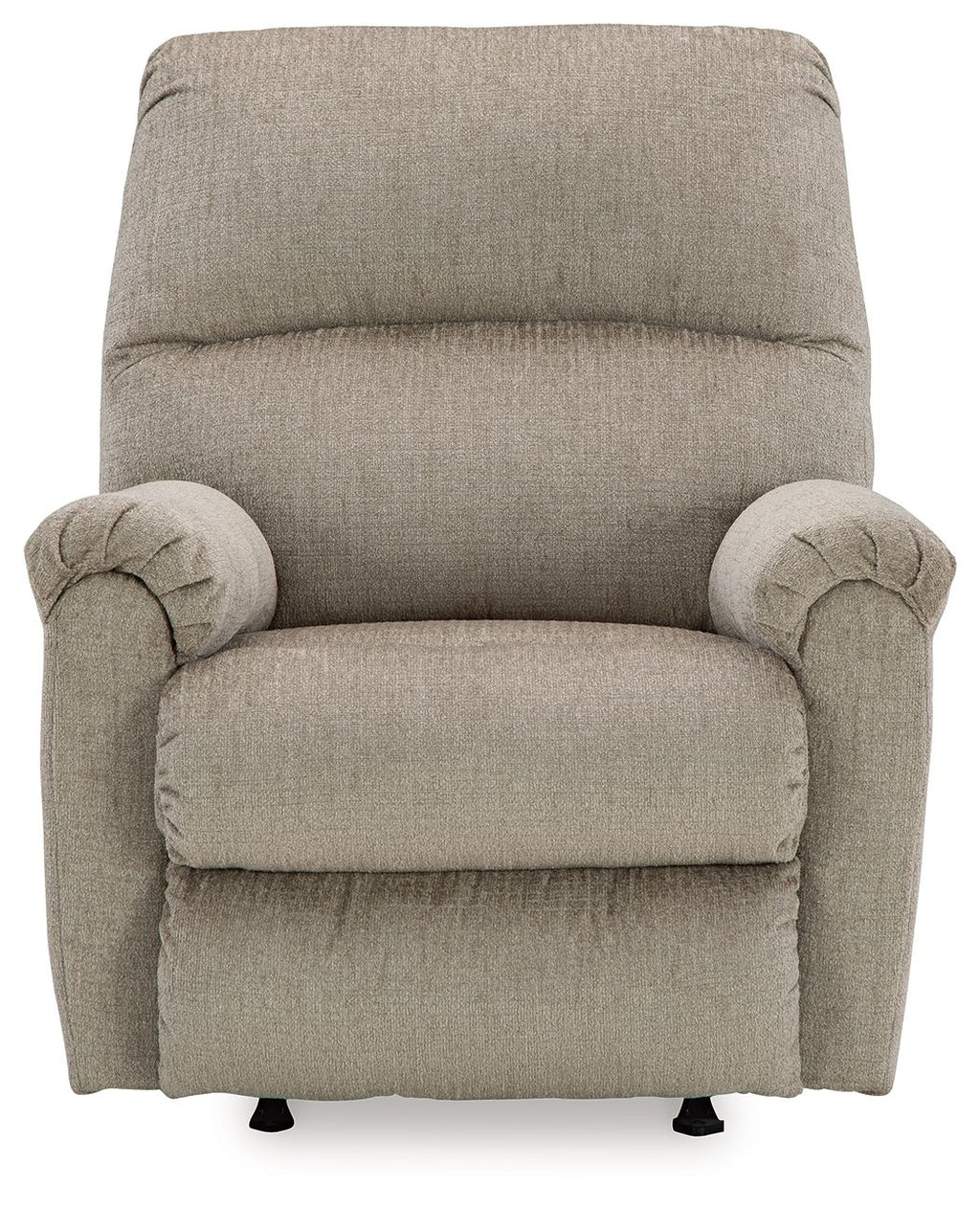 Taupe rocker recliner chair with cushioned arms and tall, padded backrest