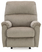 Taupe rocker recliner chair with cushioned arms and tall, padded backrest