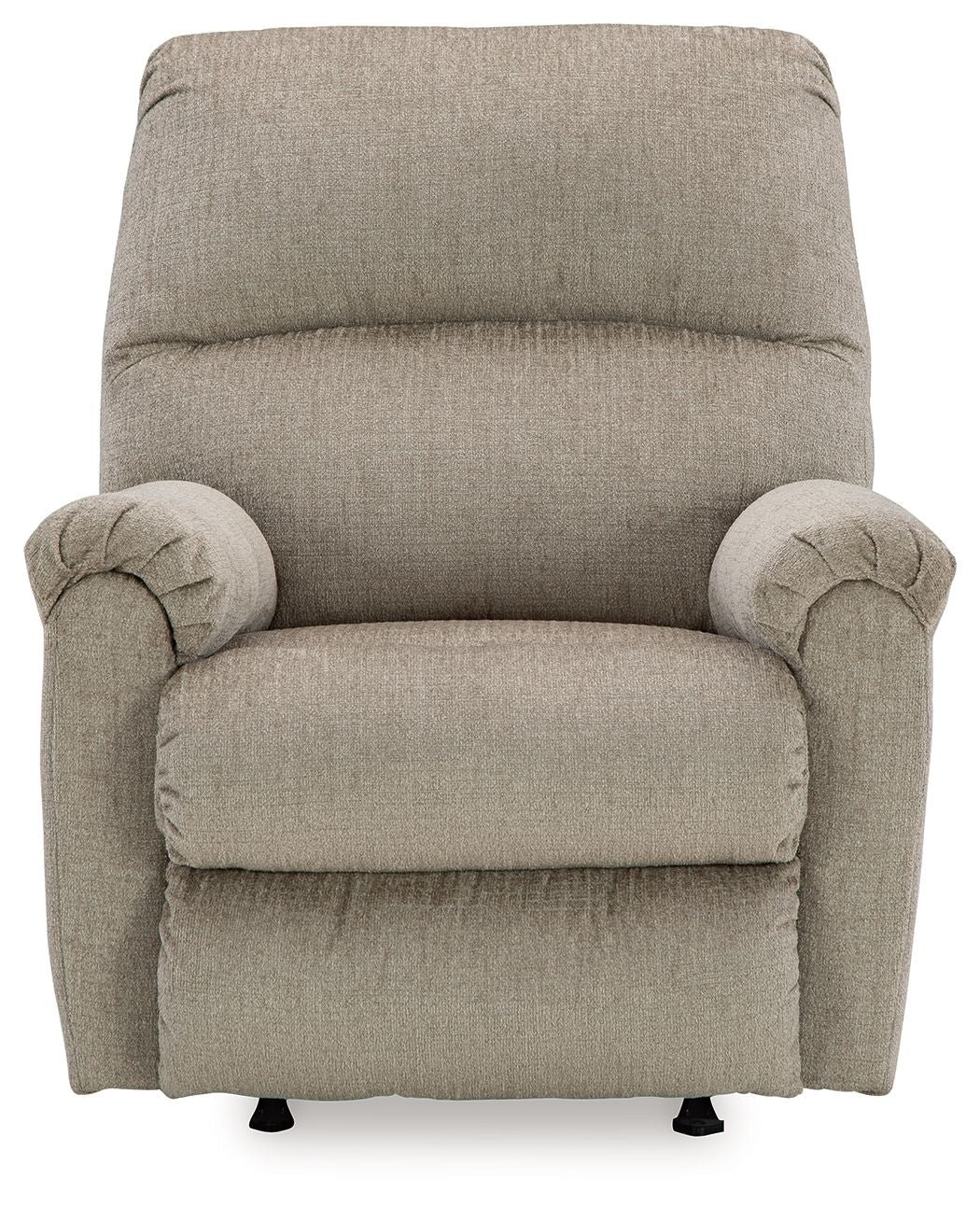 Taupe rocker recliner chair with cushioned arms and tall, padded backrest