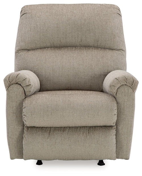 Taupe rocker recliner chair with cushioned arms and tall, padded backrest