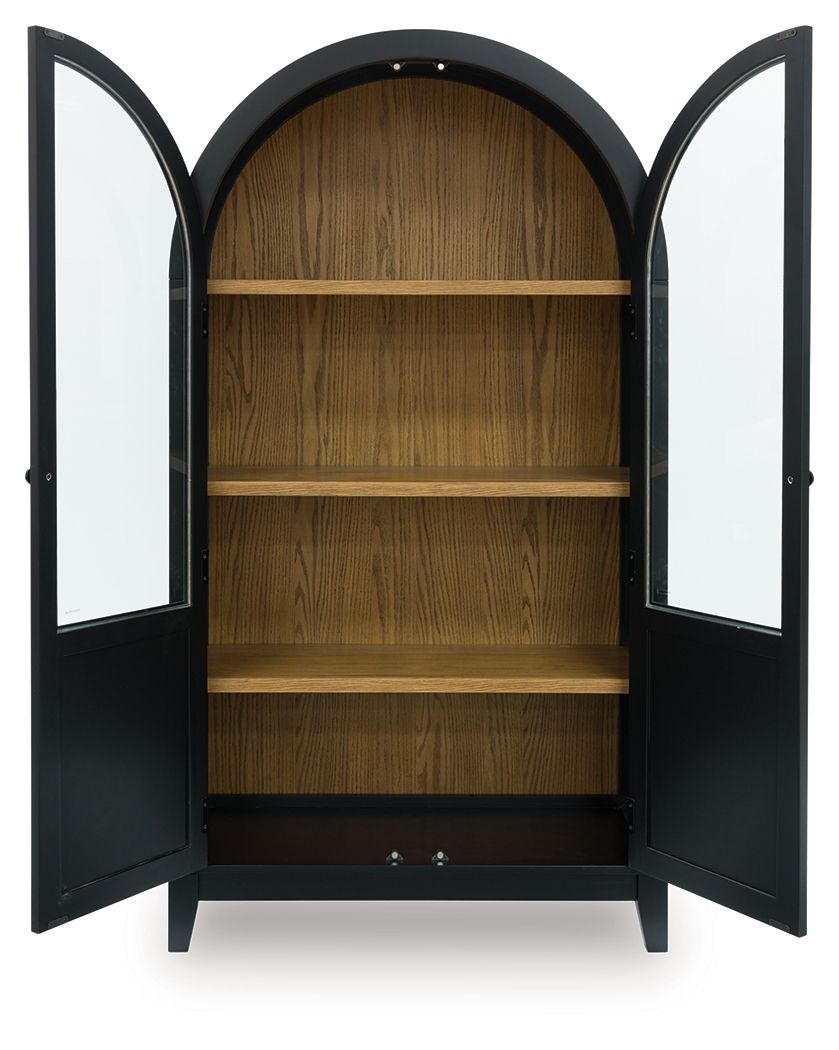Black accent cabinet with arched interior shelves, double doors open