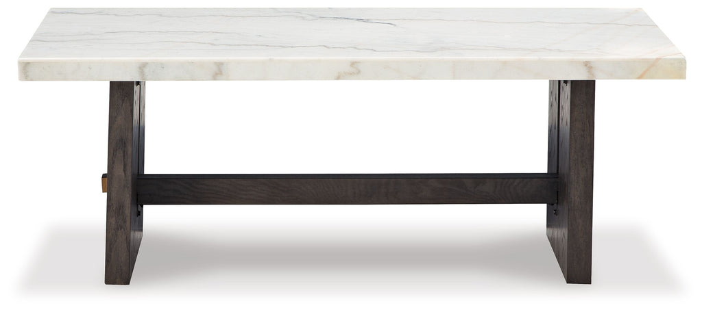 Rectangular cocktail table with white top, open shelf base, and dark brown legs