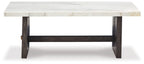 Rectangular cocktail table with white top, open shelf base, and dark brown legs