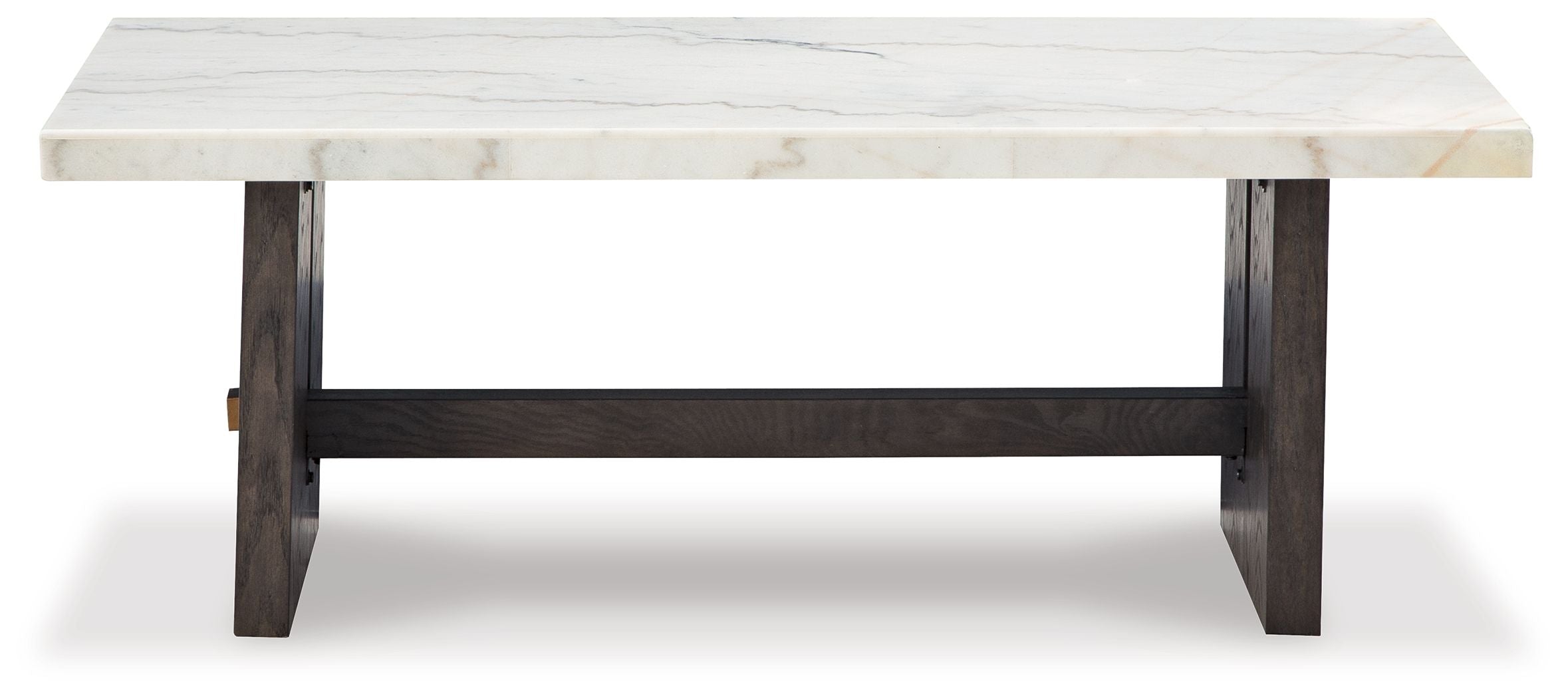 Rectangular cocktail table with white top, open shelf base, and dark brown legs