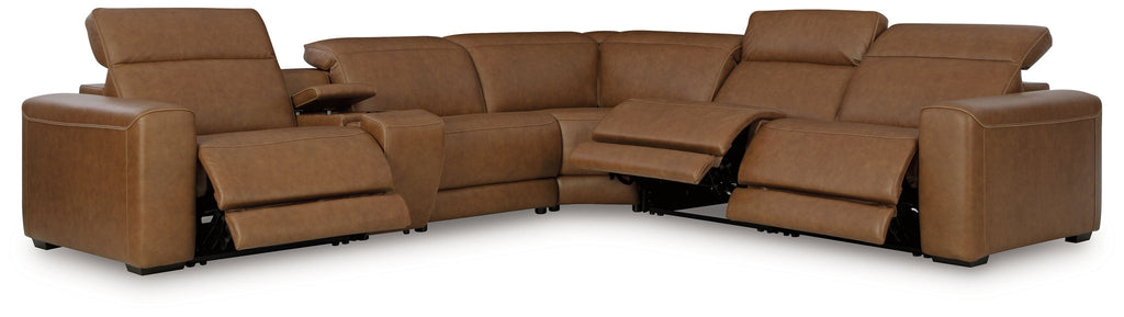 Caramel reclining sectional sofa with power reclining seats and chaise section
