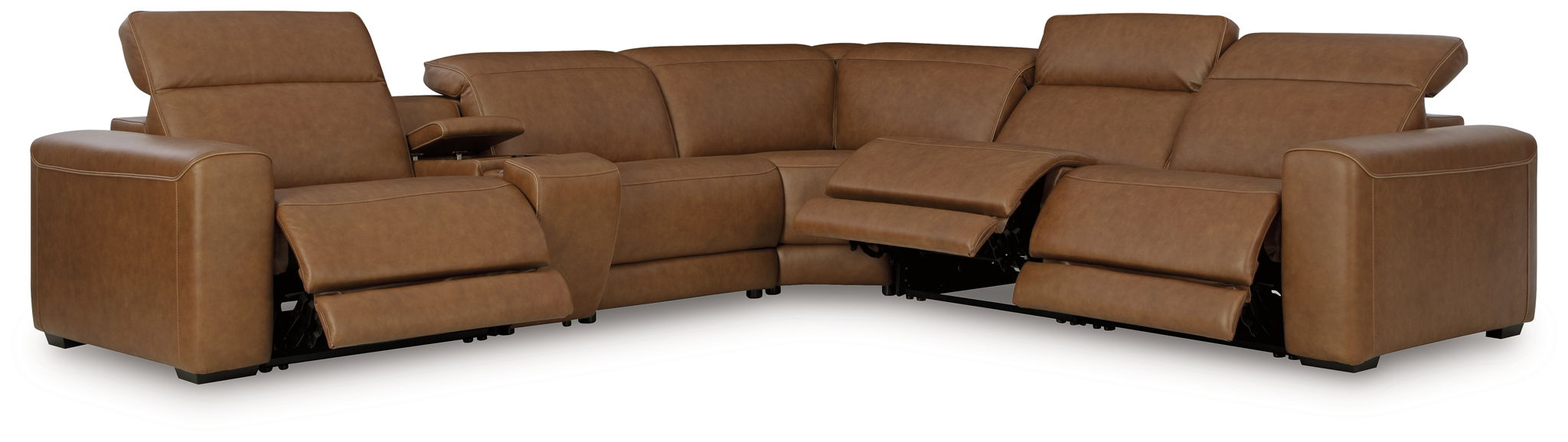 Caramel reclining sectional sofa with power reclining seats and chaise section