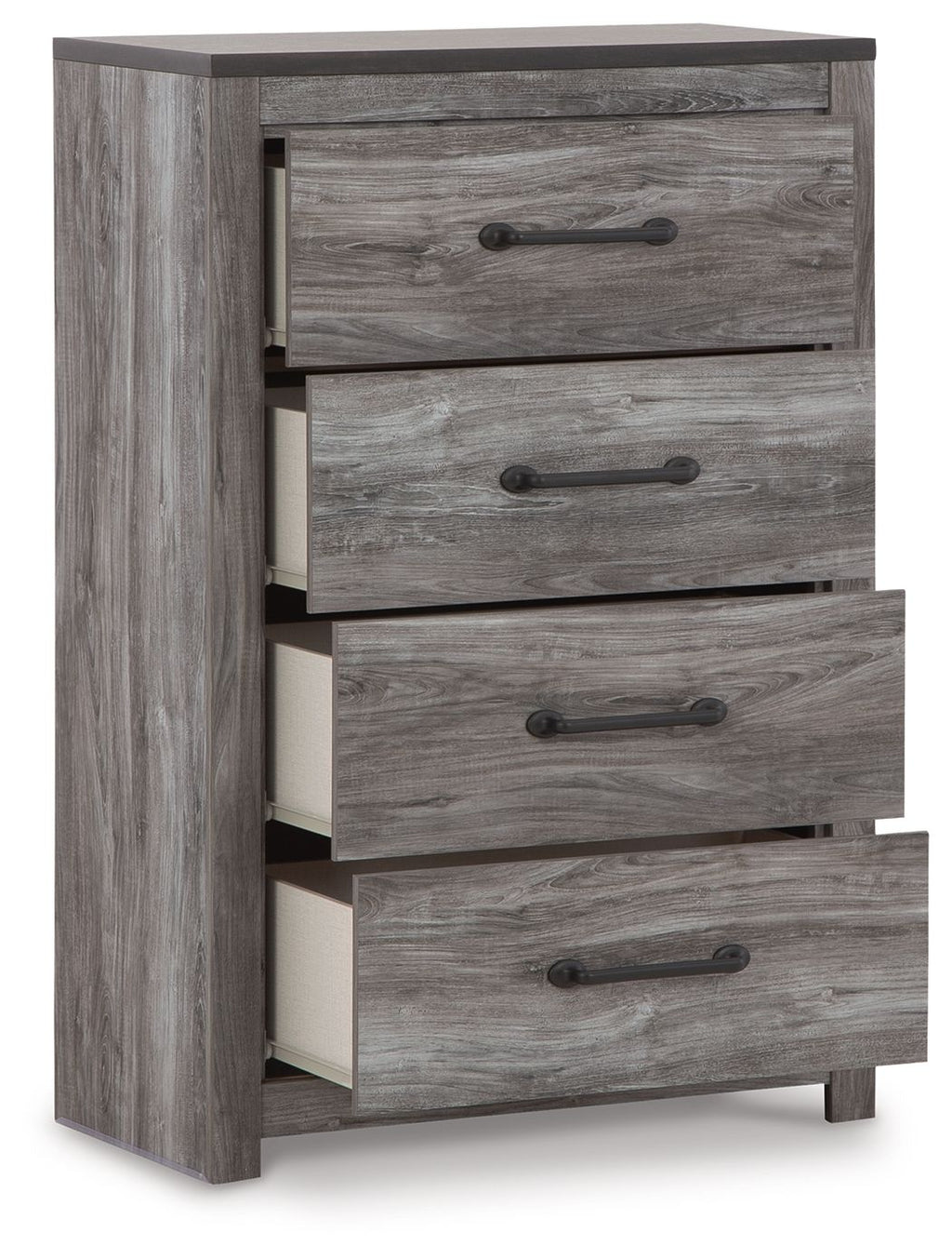 Gray wood four-drawer chest with open drawers, showing interiors and dark metal bar pulls