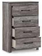 Gray wood four-drawer chest with open drawers, showing interiors and dark metal bar pulls