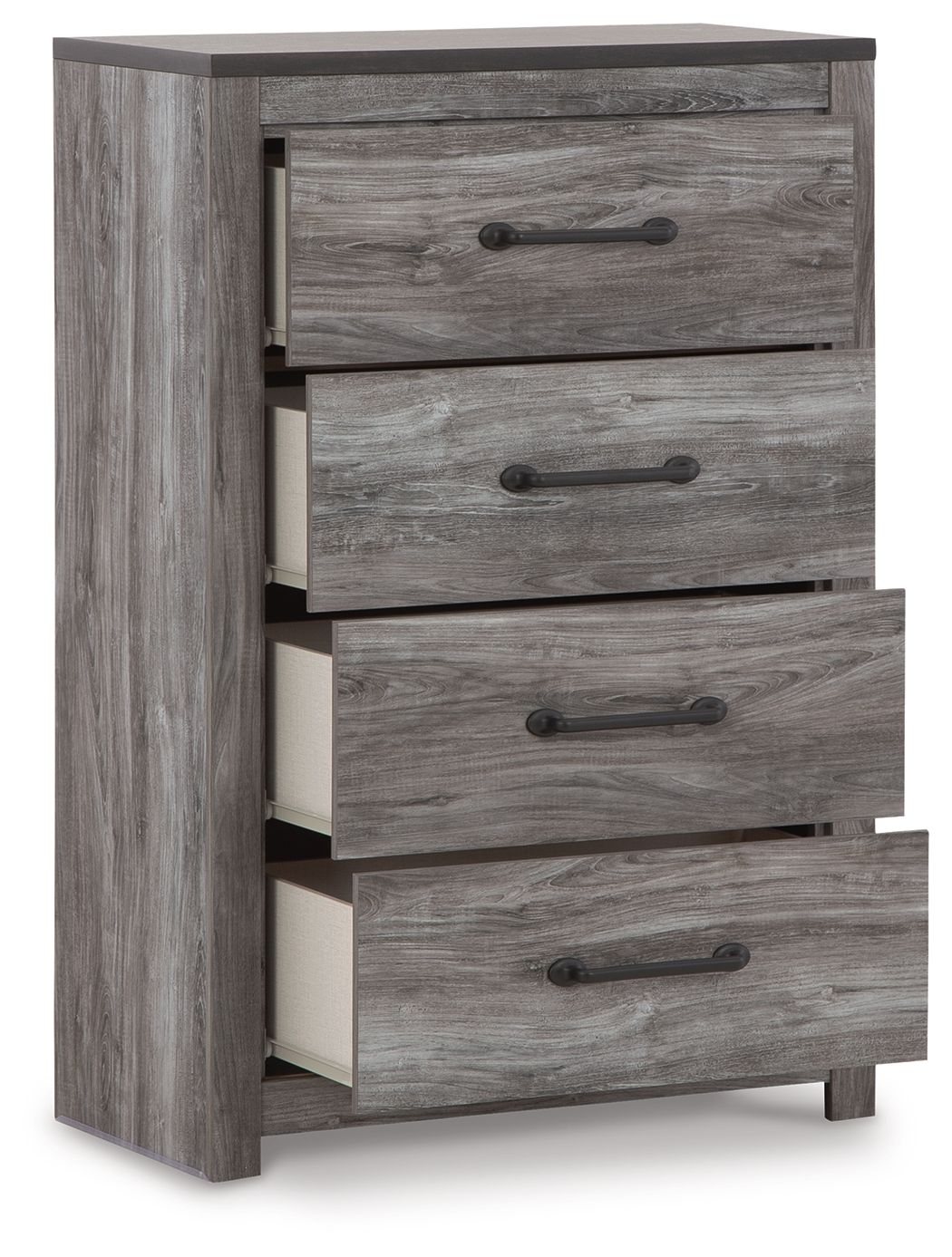 Gray wood four-drawer chest with open drawers, showing interiors and dark metal bar pulls