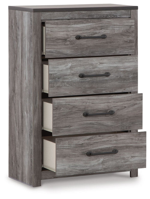 Gray wood four-drawer chest with open drawers, showing interiors and dark metal bar pulls