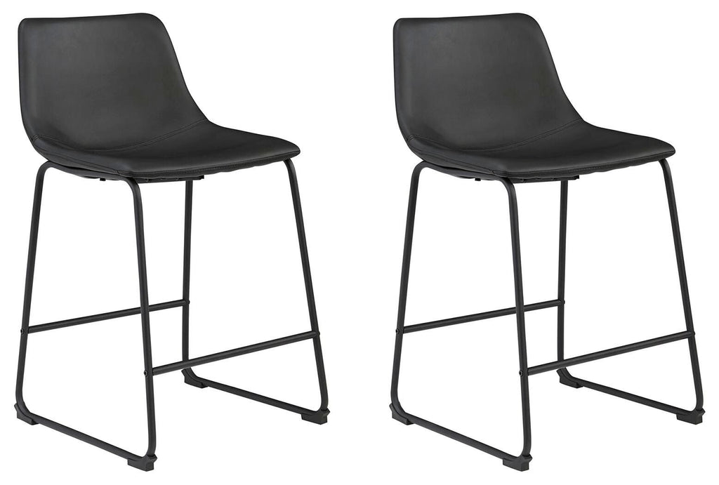 Upholstered bar stool set of 2 with dark gray seat upholstery and black metal bases