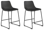 Upholstered bar stool set of 2 with dark gray seat upholstery and black metal bases