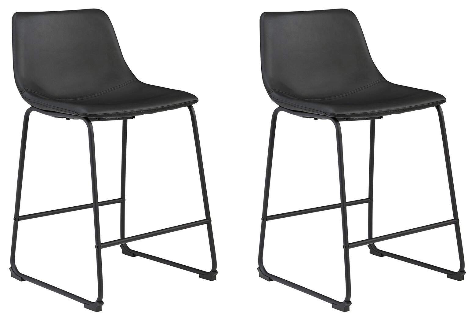 Upholstered bar stool set of 2 with dark gray seat upholstery and black metal bases