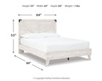 Panel bed with light wood frame and paneled headboard; height 53 in, width 64 in