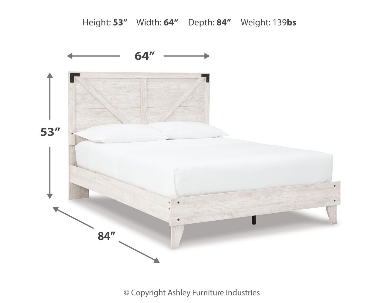 Panel bed with light wood frame and paneled headboard; height 53 in, width 64 in
