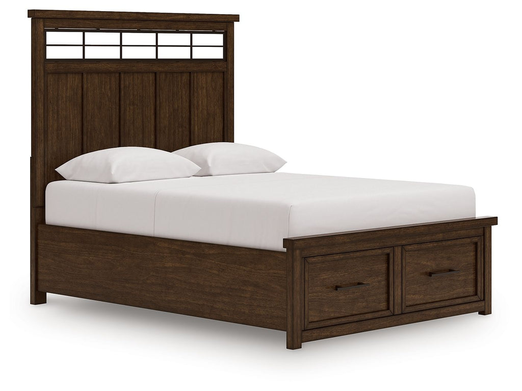 Dark brown storage bed with panel headboard, built-in drawers, and white mattress